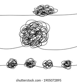 complicated way with scribbled round element icon, illustration of tangled yarn,Metaphor of problem solving, difficult situation, chaos and mess. Vector