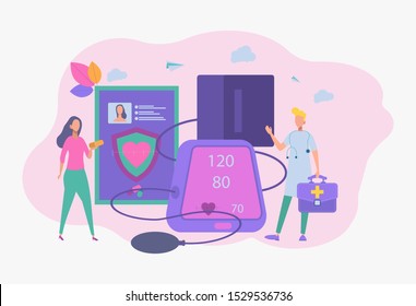 Complications of the circulatory system. Cardiologist is studying a medical history. Heart disease, coronary heart disease, blood pressure. Colorful vector illustration