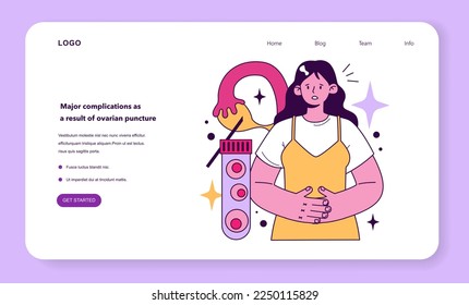 Complicaciones como resultado de la punción ovárica como desventaja del banner web de la FIV o de la página de aterrizaje. Tecnología para el tratamiento de la infertilidad. Conos del procedimiento de embarazo artificial. Ilustración vectorial plana