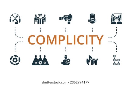 Complicity set. Creative icons: support, communication, partnership, agreement, training, cooperation, meeting, assist, team spirit, workflow.