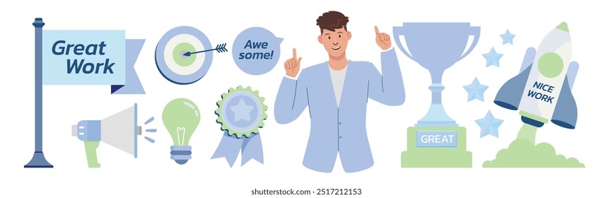 Compliment, achievement and reward in work concept illustrate with sticker, badge and icon. Flat cartoon vector illustration isolated on white background.