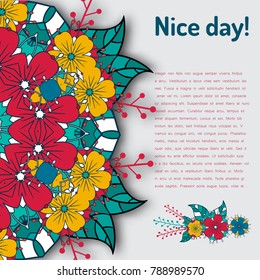 Compliment for a friend. Greeting card. Decorated with multicolored doodles of flowers and leaves. 