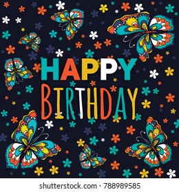 Compliment for a friend. Greeting card. Decorated with multicolored doodles of flowers, Butterflies and leaves. 