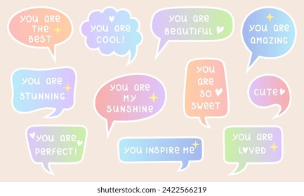 Compliment stickers. Cute speech bubbles with compliments. `Positive stickers with hand written phrases and doodle elements. Self love, motivation or world compliment day theme. Vector illustration.