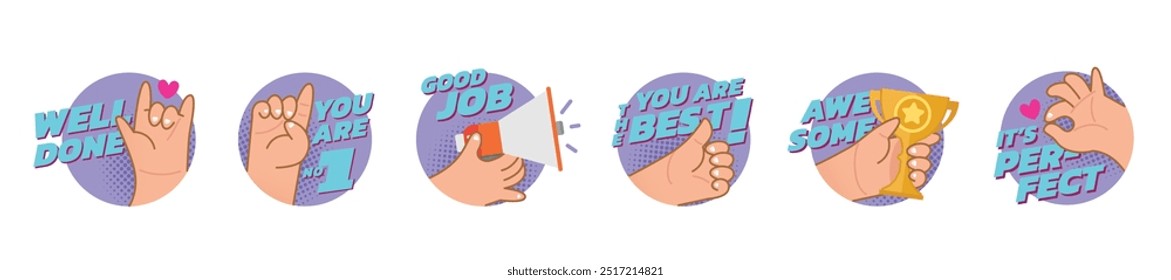 Compliment in work concept illustrate with sticker, the text in vector such as well done, good job, you are the best, awesome and it’s perfect. Flat cartoon style isolated on white background.