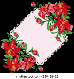 complimentary card with bouquet red lily on black background