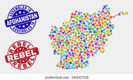Component Afghanistan map and blue Assembled seal stamp, and Rebel distress stamp. Colored vector Afghanistan map mosaic of puzzle. Red round Rebel seal.