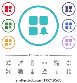 Component alert flat color icons in circle shape outlines. 12 bonus icons included.