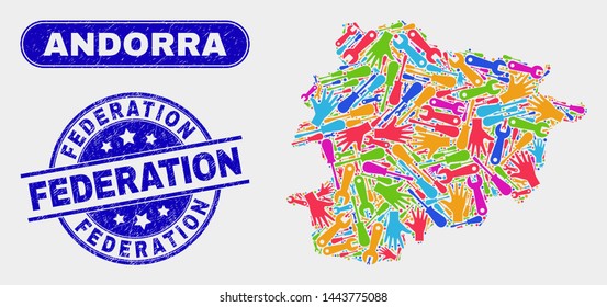 Component Andorra map and blue Federation distress stamp. Bright vector Andorra map mosaic of mechanic items. Blue round Federation stamp.