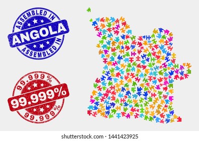 Component Angola map and blue Assembled seal stamp, and 99.999% distress seal stamp. Bright vector Angola map mosaic of puzzle connectors. Red round 99.999% stamp.