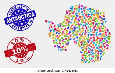 Component Antarctica continent map and blue Assembled seal stamp, and 10% grunge seal stamp. Bright vector Antarctica continent map mosaic of bundle items. Red rounded 10% badge.