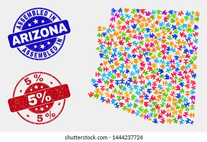 Component Arizona State map and blue Assembled seal stamp, and 5% scratched seal stamp. Colorful vector Arizona State map mosaic of plugin elements. Red rounded 5% imprint.
