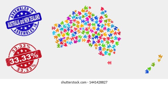 Component Australia and New Zealand map and blue Assembled seal stamp, and 33.33% textured seal stamp. Bright vector Australia and New Zealand map mosaic of plug-in connectors. Red round 33.33% seal.