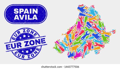 Component Avila Province map and blue EUR Zone textured watermark. Colorful vector Avila Province map mosaic of repair components. Blue rounded EUR Zone rubber.