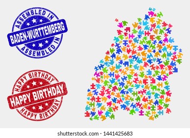 Component Baden-Wurttemberg Land map and blue Assembled stamp, and Happy Birthday textured seal stamp. Bright vector Baden-Wurttemberg Land map mosaic of puzzle modules.