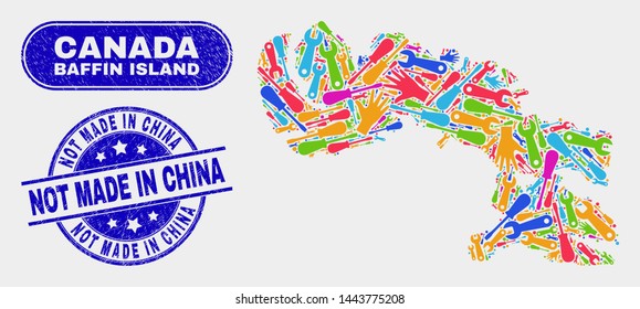 Component Baffin Island map and blue Not Made in China textured seal. Colorful vector Baffin Island map mosaic of mechanics components. Blue rounded Not Made in China seal.