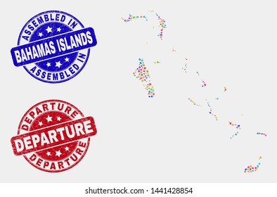 Component Bahamas Islands map and blue Assembled seal stamp, and Departure textured seal stamp. Bright vector Bahamas Islands map mosaic of plug-in parts. Red round Departure imprint.