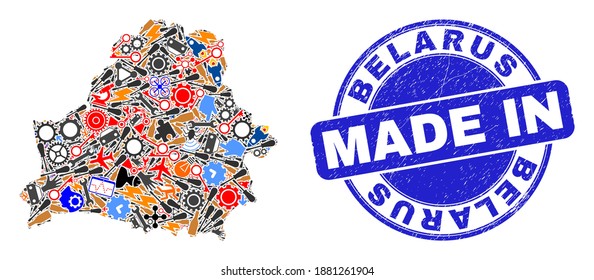 Component Belarus map mosaic and MADE IN textured rubber stamp. Belarus map composition composed with wrenches,wheels,instruments,components,transports,electricity bolts,rockets.
