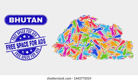 Component Bhutan map and blue Free Space for Ads textured seal. Colorful vector Bhutan map mosaic of repair parts. Blue rounded Free Space for Ads seal.
