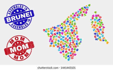 Component Brunei map and blue Assembled seal, and Mom textured seal stamp. Colorful vector Brunei map mosaic of plug-in components. Red round Mom stamp.