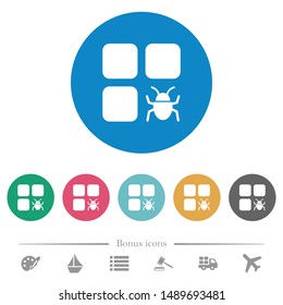 Component bug flat white icons on round color backgrounds. 6 bonus icons included.