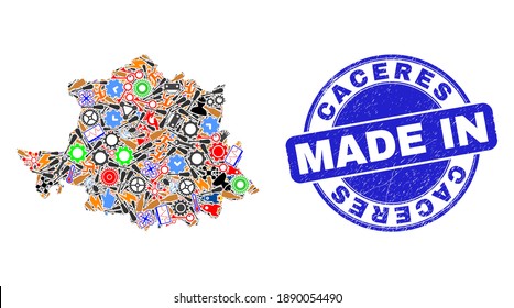 Component Caceres Province map mosaic and MADE IN scratched stamp seal. Caceres Province map collage created with spanners,wheels,instruments,,keys,vehicles,power strikes,rockets.