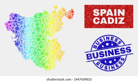 Component Cadiz Province map and blue Business grunge seal. Spectrum gradiented vector Cadiz Province map mosaic of mechanic. Blue round Business seal.