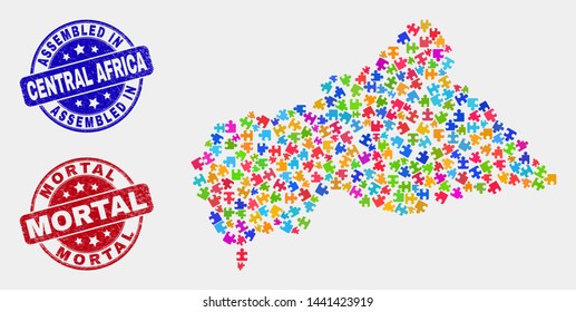 Component Central African Republic map and blue Assembled seal stamp, and Mortal distress seal stamp. Colorful vector Central African Republic map mosaic of puzzle modules. Red rounded Mortal stamp.