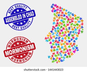 Component Chad map and blue Assembled seal stamp, and Mormonism grunge seal stamp. Bright vector Chad map mosaic of bundle items. Red round Mormonism imprint.