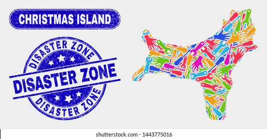 Component Christmas Island map and blue Disaster Zone distress seal stamp. Colorful vector Christmas Island map mosaic of engineering. Blue rounded Disaster Zone seal.