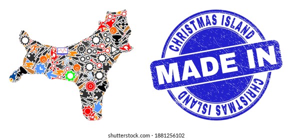 Component Christmas Island map mosaic and MADE IN textured stamp seal. Christmas Island map mosaic created with spanners,cogs,instruments,items,cars,power strikes,details.