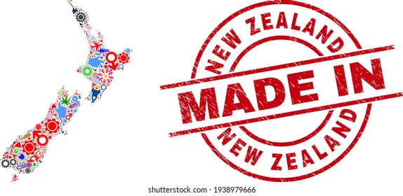 Component Collage New Zealand Map and Made in Grunge Stamp