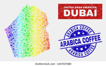 Component Dubai Emirate map and blue Arabica Coffee textured seal. Spectral gradient vector Dubai Emirate map mosaic of repair items. Blue round Arabica Coffee seal.
