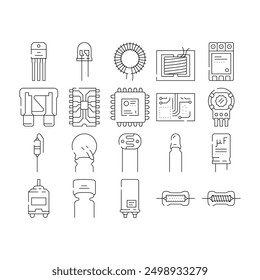 component electronic chip icons set vector. microchip circuit, hardware engineering, part processor, technology electrical component electronic chip black contour illustrations