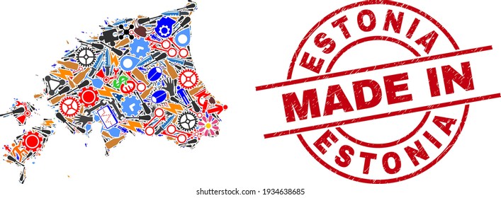 Componente de Estonia mosaico de mapas y sello de sellado de sellos de emergencia MADE IN. Mosaico de mapa de Estonia creado con francotiradores, cogs, destornilladores, símbolos de aviación, vehículos, chispas de electricidad, cascos.