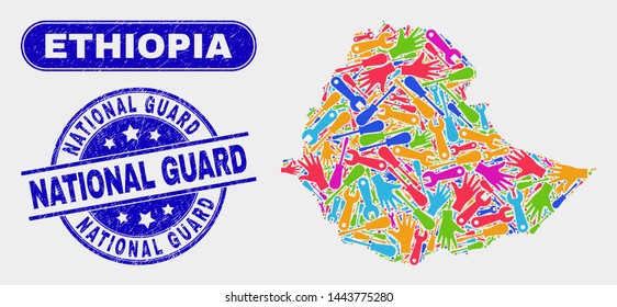 Component Ethiopia map and blue National Guard textured seal stamp. Colorful vector Ethiopia map mosaic of engineering elements. Blue rounded National Guard seal.