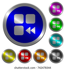 Component fast backward icons on round luminous coin-like color steel buttons