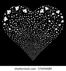 Component fireworks with heart shape. Vector illustration style is flat white iconic symbols on a black background. Object heart organized from confetti design elements.