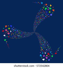 Component fireworks swirl rotation. Vector illustration style is flat bright multicolored iconic symbols on a blue background. Object whirl done from random pictographs.