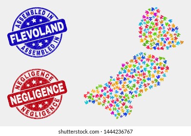 Component Flevoland Province map and blue Assembled seal stamp, and Negligence distress seal stamp. Bright vector Flevoland Province map mosaic of puzzle bricks. Red rounded Negligence stamp.