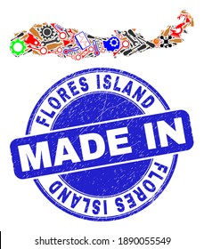 Component Flores Island of Indonesia map mosaic and MADE IN textured rubber stamp. Flores Island of Indonesia map abstraction created with wrenches, gearwheels,screwdrivers,components,vehicles,