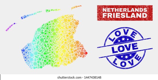 Component Friesland Province map and blue Love textured stamp. Spectral gradiented vector Friesland Province map mosaic of production elements. Blue round Love imprint.