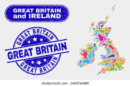 Component Great Britain and Ireland map and blue Great Britain distress seal stamp. Colored vector Great Britain and Ireland map mosaic of production items. Blue rounded Great Britain stamp.