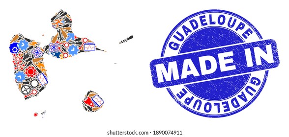 Component Guadeloupe map mosaic and MADE IN grunge rubber stamp. Guadeloupe map mosaic composed with spanners,cogs,instruments,,keys,transports,power sparks,details.