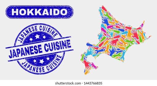 Component Hokkaido map and blue Japanese Cuisine grunge stamp. Bright vector Hokkaido map mosaic of industrial parts. Blue round Japanese Cuisine stamp.