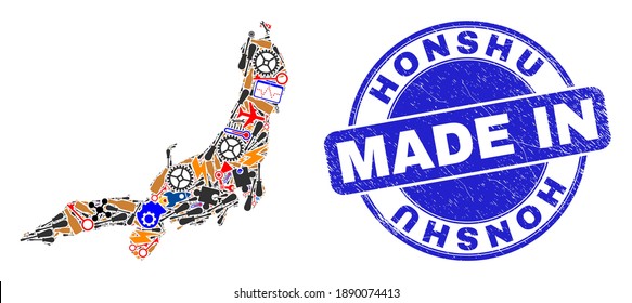 Component Honshu Island map mosaic and MADE IN scratched stamp. Honshu Island map mosaic formed with wrenches, gearwheels,screwdrivers,,keys,airplanes,aircrafts,air planes,aviation symbols,