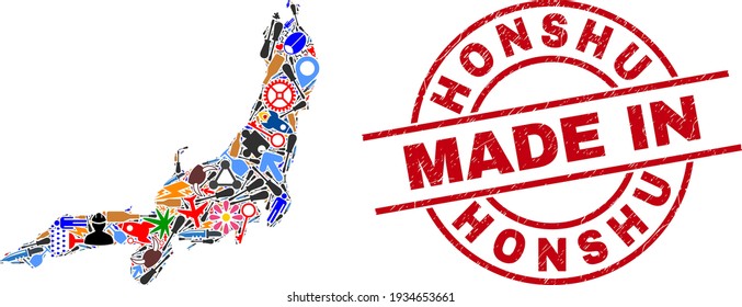Component Honshu Island map mosaic and MADE IN textured watermark. Honshu Island map mosaic composed with spanners, gearwheels, tools,, keys, vehicles, power strikes, details.