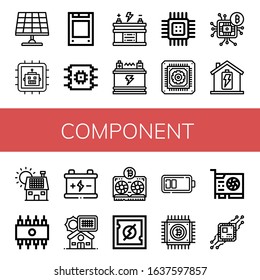 component icon set. Collection of Solar panel, Cpu, Solid state drive, Battery, Microchip, Rom, Vga, Video card icons