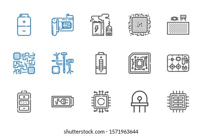 component icons set. Collection of component with cpu, diode, battery, components. Editable and scalable component icons.