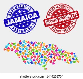 Component Jamaica map and blue Assembled stamp, and Mission Incomplete distress seal stamp. Colored vector Jamaica map mosaic of plugin items. Red round Mission Incomplete seal.